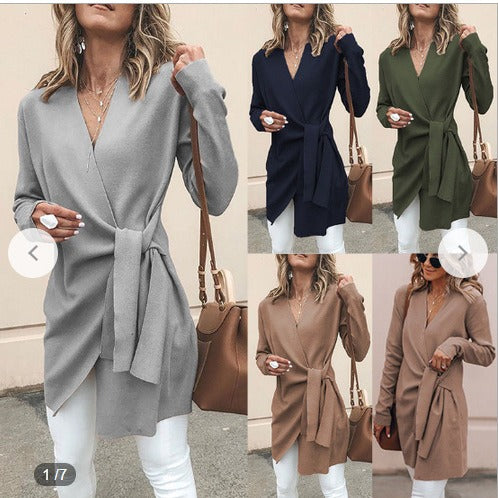 Autumn and Winter New Women's Solid Color Woolen V-Neck Belt Mid length Casual Small Coat