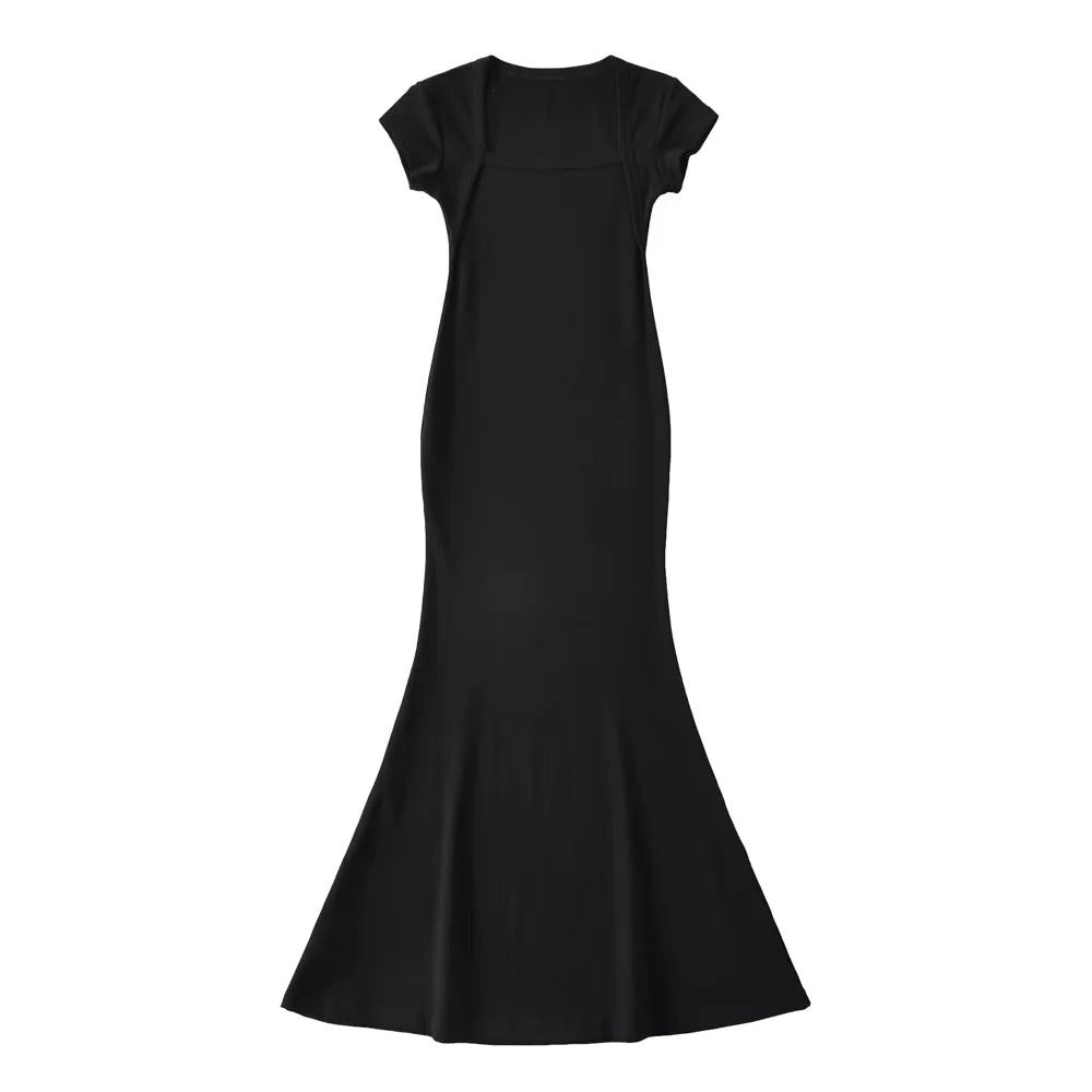 Sexy street shot square collar bag shoulder fish tail short sleeve long skirt bag hip spice dress