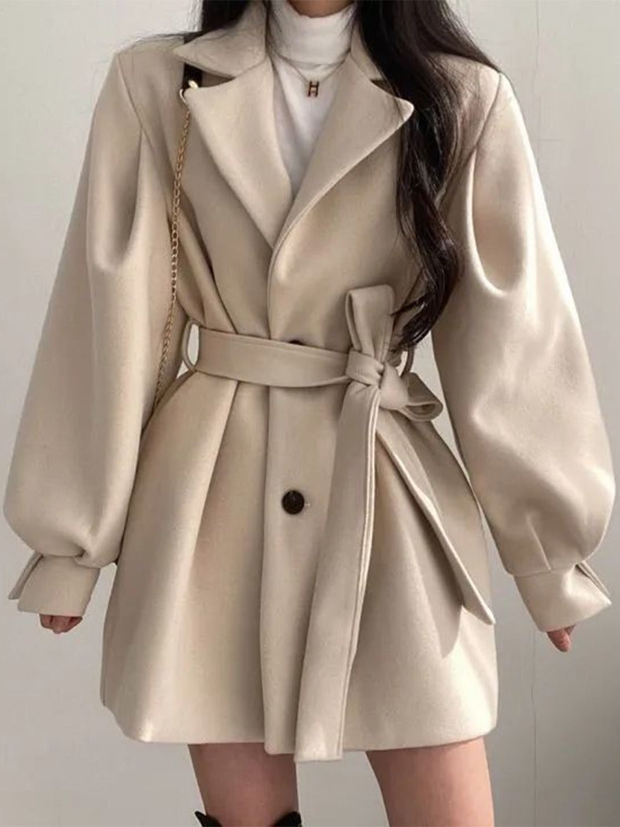 Hepburn style waistband woolen coat for women's autumn and winter lace up woolen coat