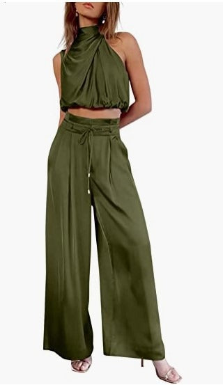 Women's 2-piece set, summer casual sleeveless collar exposed navel top, wide leg pants set