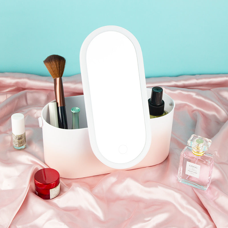 Creative storage box, makeup mirror, portable, portable, vanity box, mirror, LED light, free rotation, beauty mirror