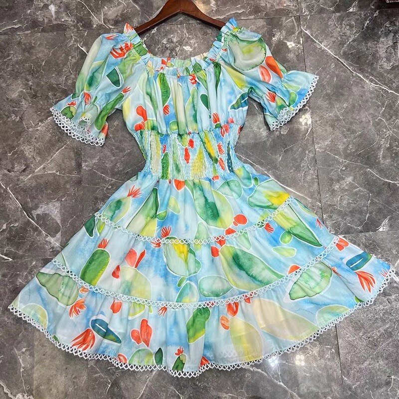 Fashion Vintage Puff Sleeve Summer Green Floral Pattern Mini Dresses Casual Elastic Wait Dresses