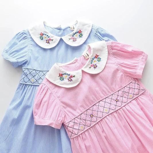 girls dresses New Summer Kids girl smocked princess dress Embroidery Floral solid color vintage elegant dress party  4-8yrs