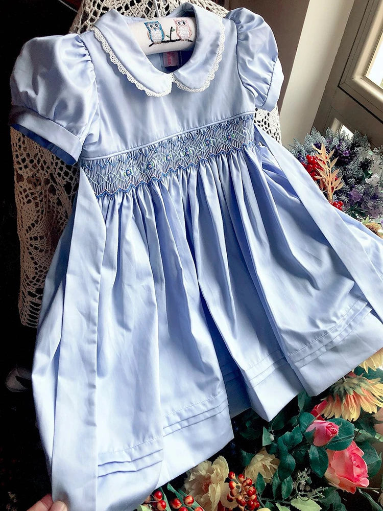 Kids Blue dress  summer smocked dresses handmade cotton vintage wedding kids clothing Princess Party boutiques children clothes