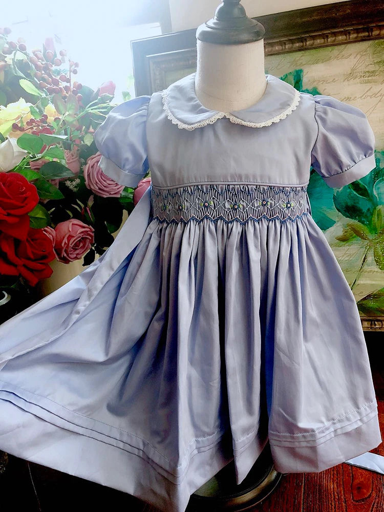 Kids Blue dress  summer smocked dresses handmade cotton vintage wedding kids clothing Princess Party boutiques children clothes