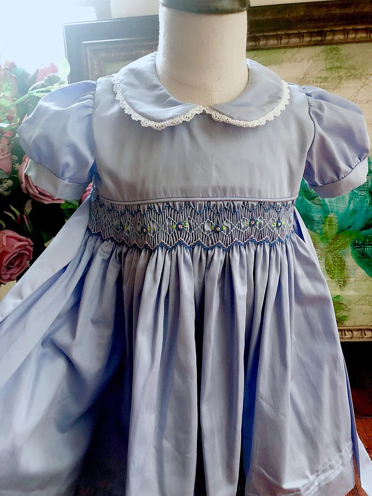 Kids Blue dress  summer smocked dresses handmade cotton vintage wedding kids clothing Princess Party boutiques children clothes