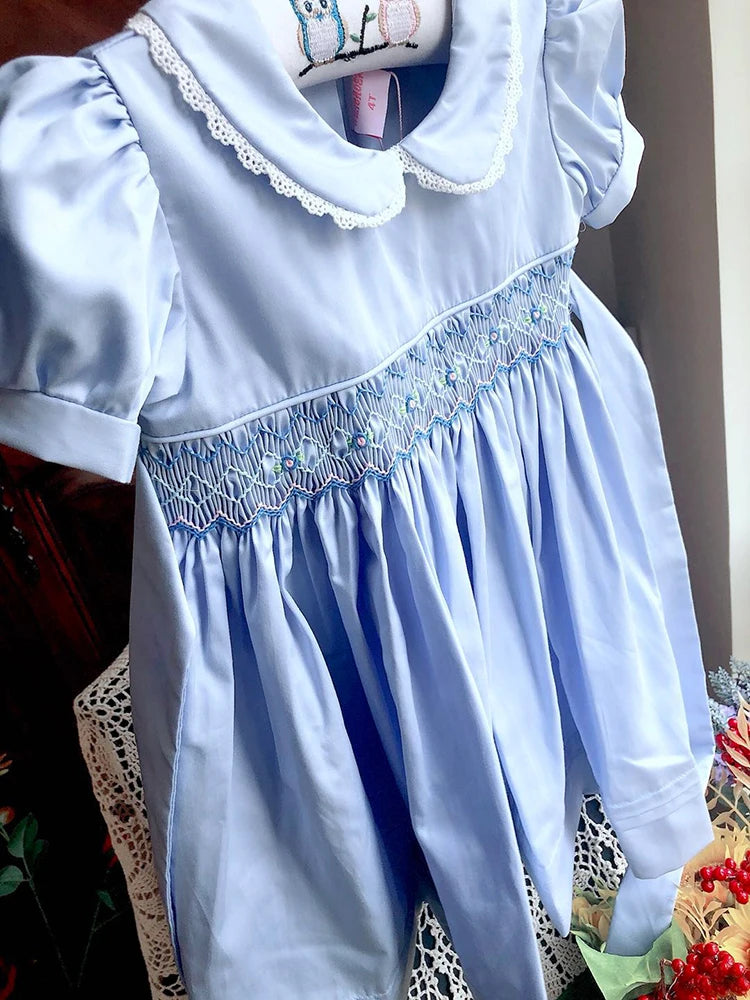 Kids Blue dress  summer smocked dresses handmade cotton vintage wedding kids clothing Princess Party boutiques children clothes