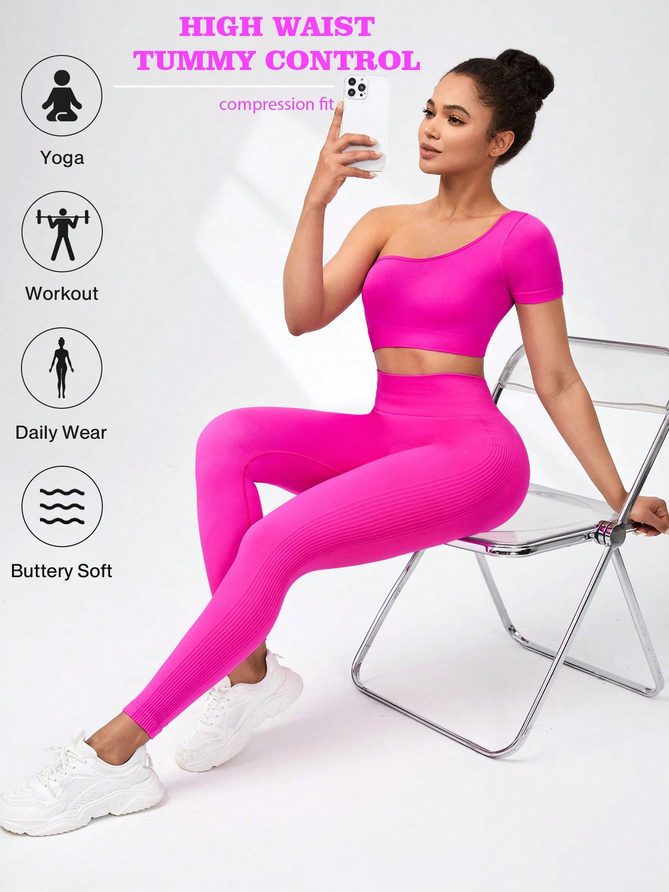 SHEIN Daily&Casual Women'S Solid Color Asymmetrical Neckline Top & Leggings Sports Set