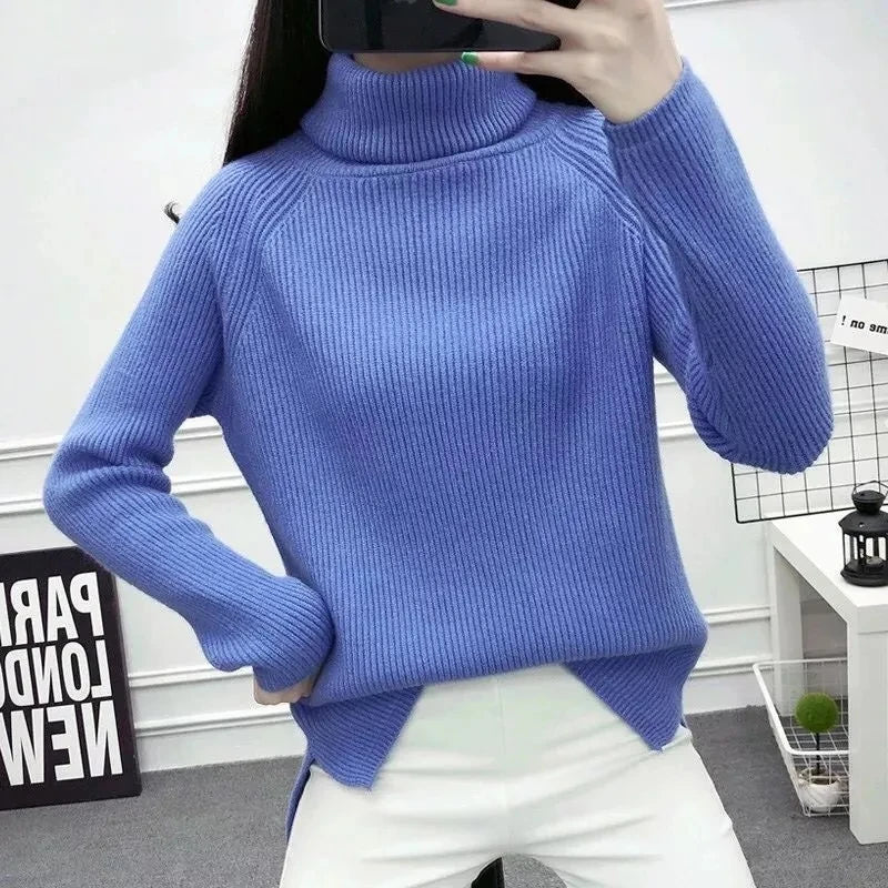 Autumn Winter Women'S High-Neck Knitting Sweater Pullover Female Loose Version Set Thick Warm Shirt Long Sleeves Blue Clothes