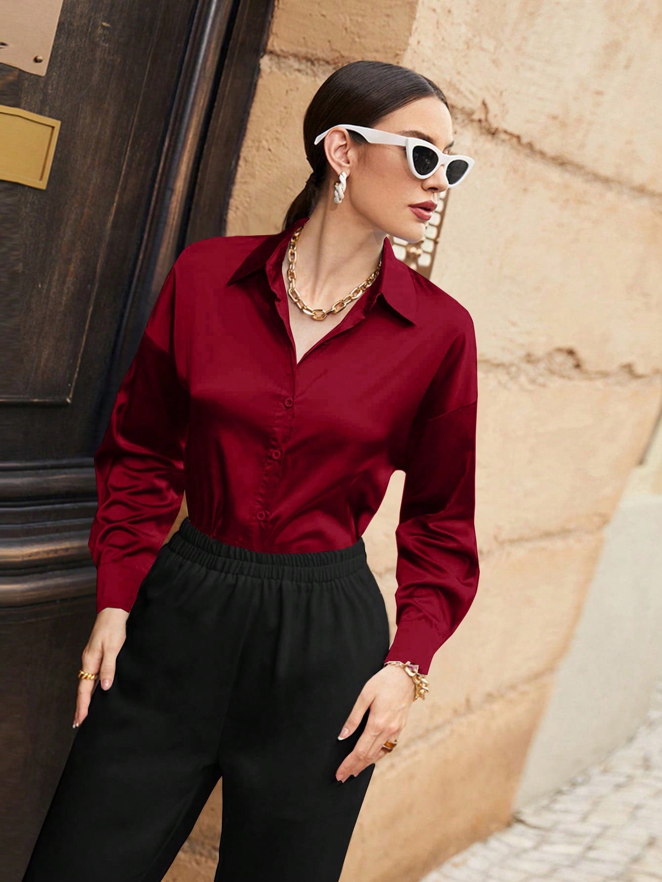 SHEIN Mulvari Solid Color Long Sleeve Casual Shirt