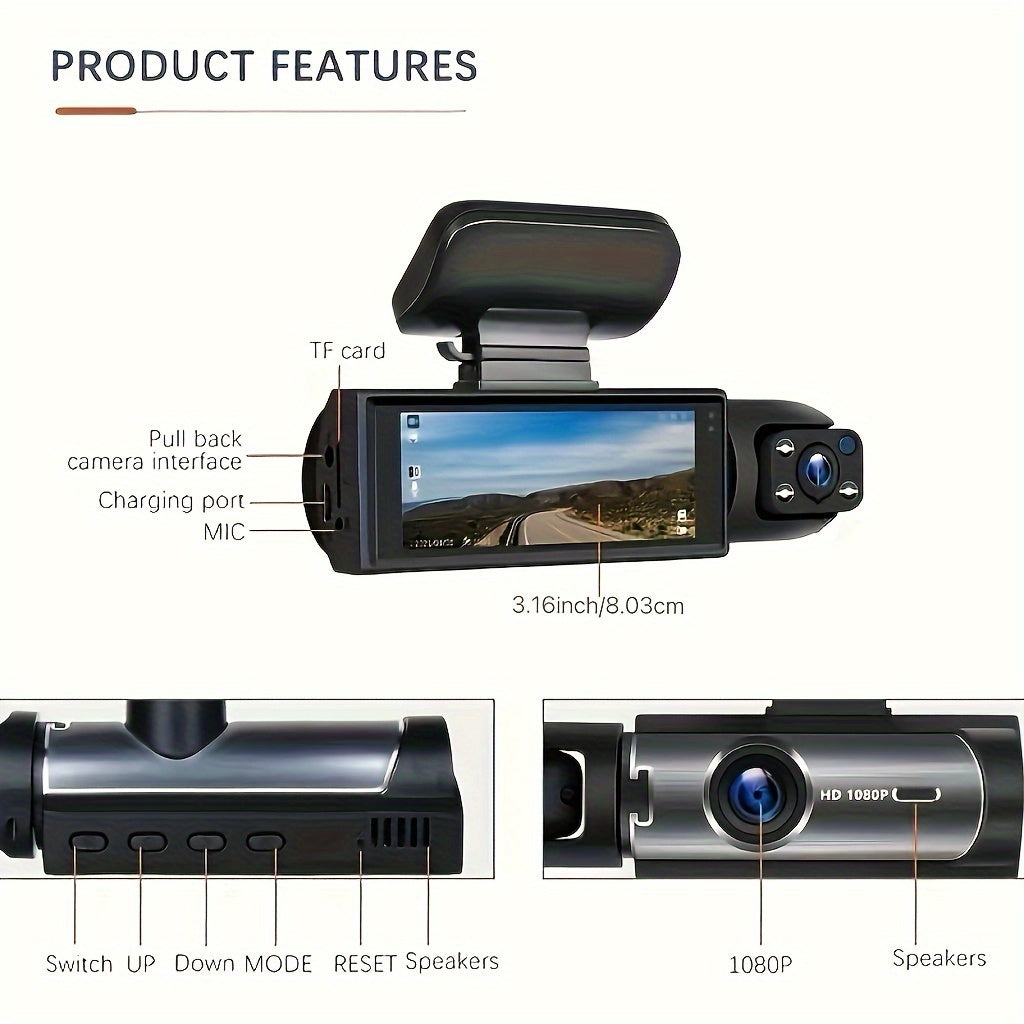 Dual Camera, Dash Cam For Cars, Front And Inside, Car Camera With IR Night Vision, Loop Recording, Wide Angle Car DVR Camera With 8.03 Cm IPS Screen, Dual Lens Car Dashboard Video Cam