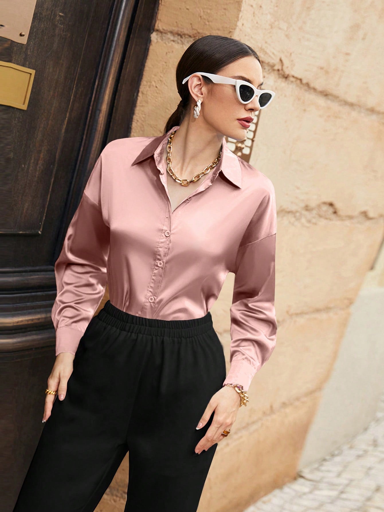 SHEIN Mulvari Solid Color Long Sleeve Casual Shirt