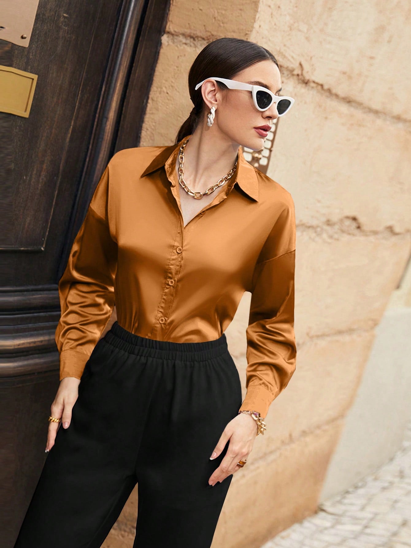 SHEIN Mulvari Solid Color Long Sleeve Casual Shirt