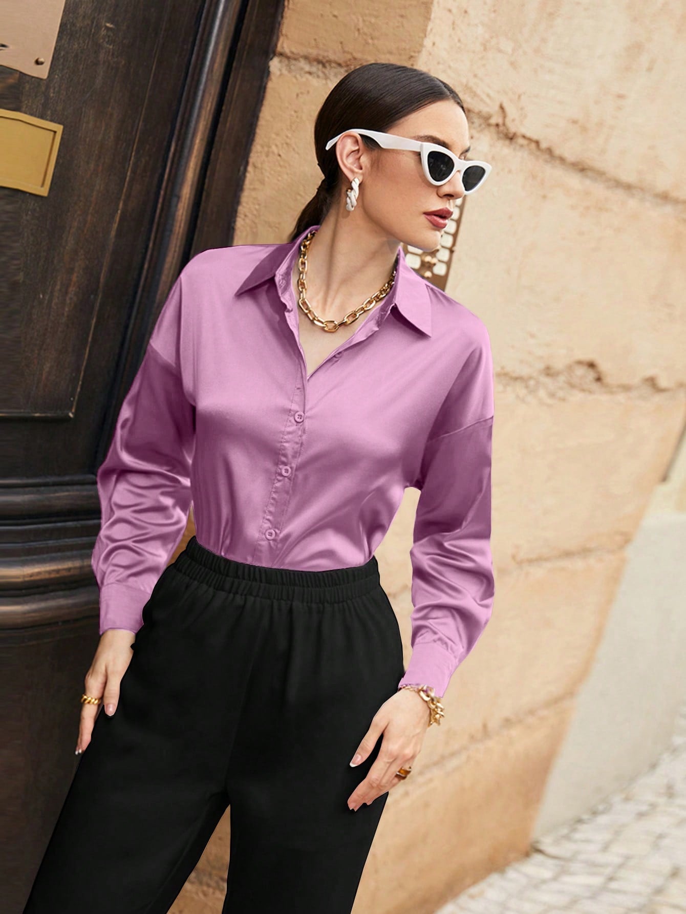 SHEIN Mulvari Solid Color Long Sleeve Casual Shirt