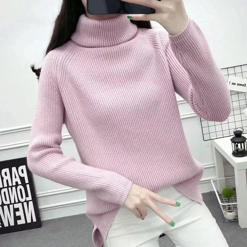 Autumn Winter Women'S High-Neck Knitting Sweater Pullover Female Loose Version Set Thick Warm Shirt Long Sleeves Blue Clothes