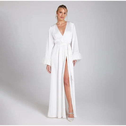 Elegant Solid Feather Long Sleeve Dress Women Deep V-Neck Pleated Split Dresses with Belt Summer Female White Homewear Dress